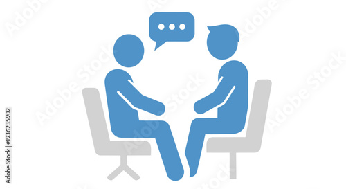 Two figures seated facing each other with a speech bubble above them
