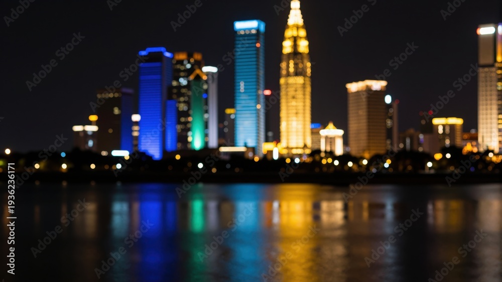 Fototapeta premium City Lights on the Horizon: Capturing a mesmerizing night view of a modern cityscape, where the vibrant lights of towering buildings reflect in the tranquil water.