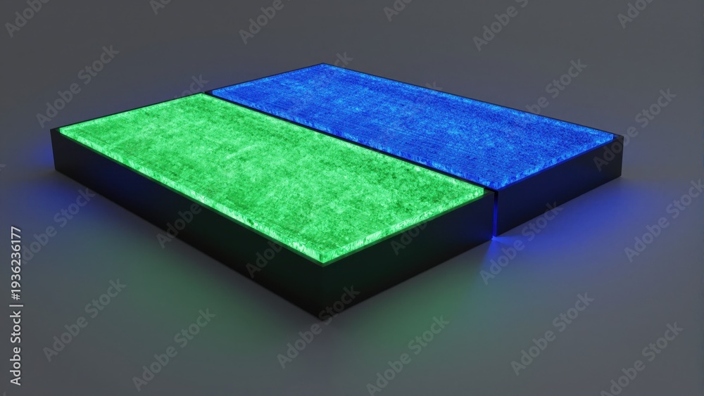 Fototapeta premium Illuminated blocks in the dark: Glowing rectangular blocks in shades of blue and green, set against a dark backdrop, creating an abstract and mesmerizing effect.