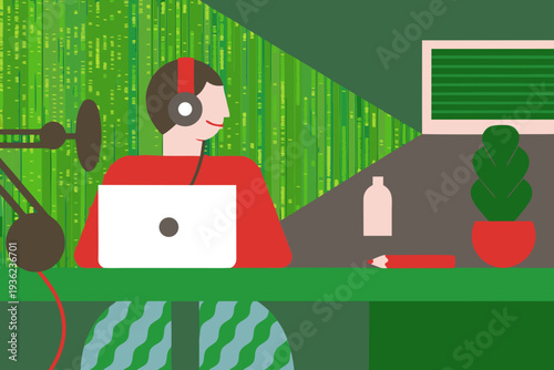 Young content creator with headphones records a podcast at home, using a laptop on a green desk with a plant and microphone in a modern interior setting