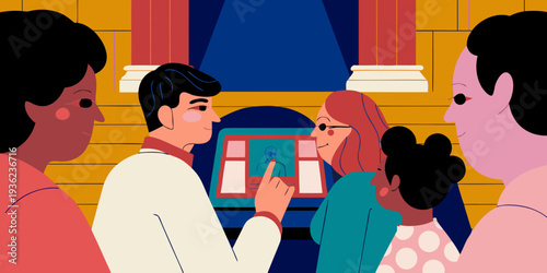 Multicultural group of people interacting with digital tablet displaying information, colorful background with architectural elements, ethical AI trust and assurance concept