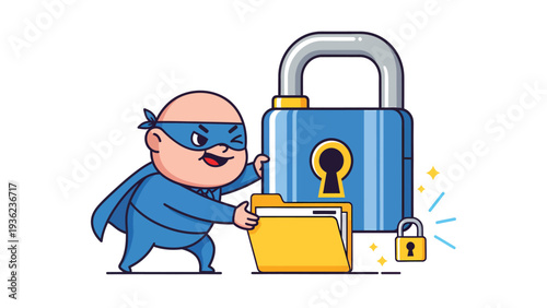 Cartoon Thief Attempts Data Theft from Locked Folder. Cybersecurity Breach & Protection Concept.