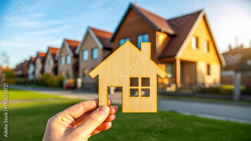 Real estate home ownership concept with house model in neighborhood