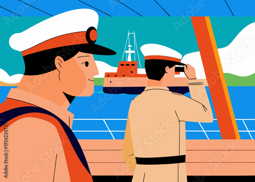 Coast guard officers in uniforms inspecting oil tanker under sanctions at sea, one officer using binoculars while the other observes from the deck of their vessel