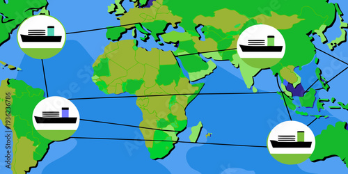 World map illustrating maritime sanctions zones with tanker icons indicating shipping routes across continents and regions, highlighting global trade dynamics