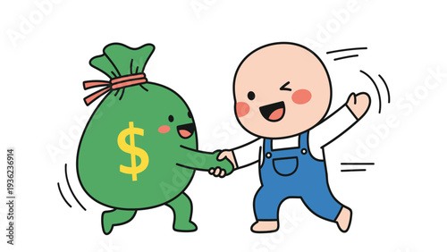 Joyful cartoon character and money bag shake hands, symbolizing financial agreement, investment, business deal, or earning.