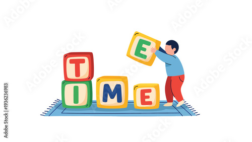 Toddler building 'TIME' with alphabet blocks. Childhood learning and early education concept.
