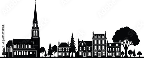 Horizontal black silhouette of a small town street featuring a historic church with steeple residential houses and trees for architecture