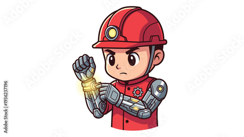Young industrial worker in hard hat with glowing bionic arm technology, cartoon illustration