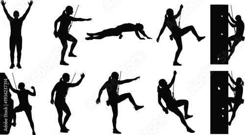 Large collection of rock climbing and bouldering silhouettes featuring male and female climbers on walls isolated on white background vector