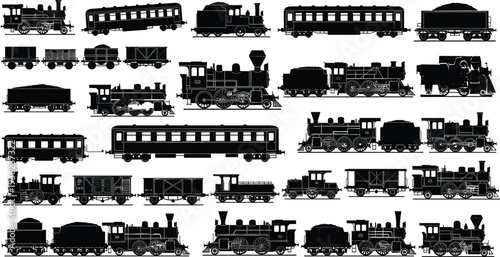 Large collection of vintage steam locomotive train silhouettes and railway carriages isolated on white background for transport and industry design
