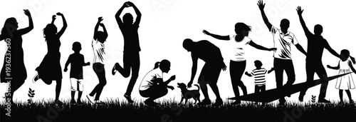 Large group of happy people silhouettes jumping dancing and playing with a dog in a summer meadow on white background