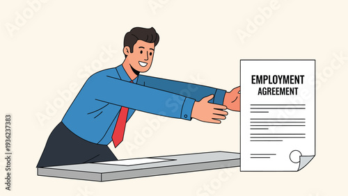 Smiling man reaching for an employment agreement. New job, contract, and career opportunity concept.