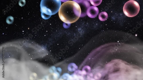Colorful translucent bubbles ascend through a starry night sky with ethereal