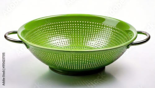 Green Colander with Handles on White Background.