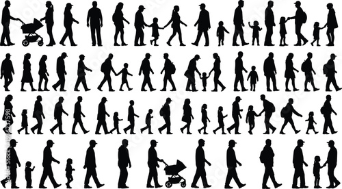 Large walking people silhouette vector set featuring families and individuals with strollers isolated on white background for urban lifestyle design.