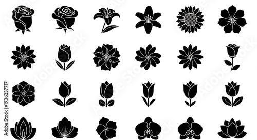 Diverse black silhouette flower icons collection