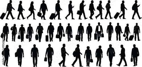People walking with luggage and sitting in chairs silhouettes, diverse group of travelers and business professionals, men and women in various poses.