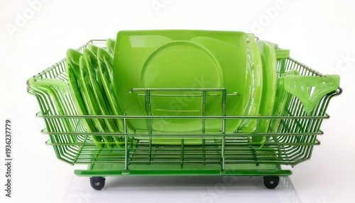 Green Dish Rack Filled with Dishes on White Background.
