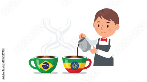 Barista pours coffee into mugs with Brazil and Ethiopia flags, representing international coffee culture