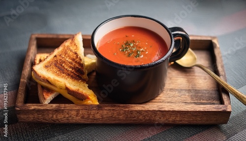 creamy tomato bisque in vintage black mug placed on wooden tray with grilled cheese sandwich cut in half beside