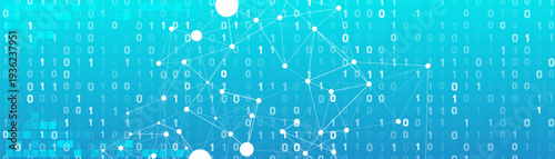 Abstract technology background with a stream of binary code numbers 0 and 1. A digital plexus network represents global connection, big data, and AI concepts.