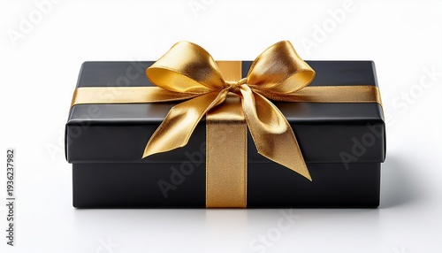 elegant black gift box with a polished gold ribbon perfect for celebrations birthdays and special occasions isolated on a white background