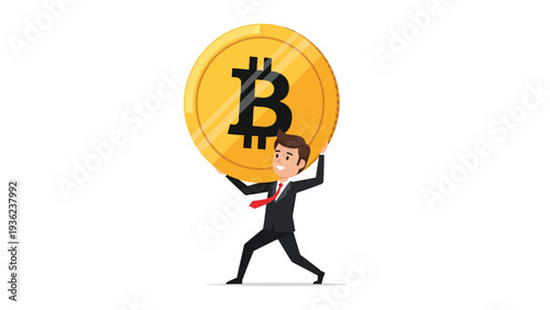 Businessman carrying heavy golden digital currency coin, symbolizing crypto investment and financial burden