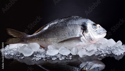 fresh whole fish on ice dark background