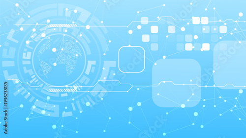 Abstract technology background with a digital globe, network connections, and futuristic interface elements. Ideal for concepts of global communication and data.