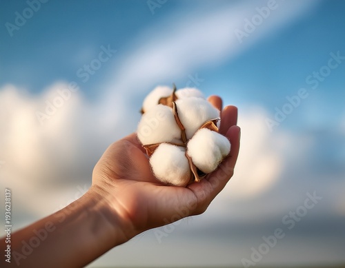 hand holding raw cotton against a cloudy sky soft focus dreamy atmosphere