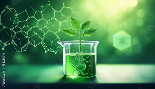 green plant growing in a beaker with a green liquid with a blurred green background and a chemical structure overlay