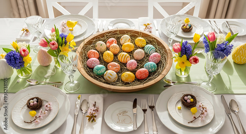 Elegant easter table setting with colorful eggs and spring flowers on transparent background