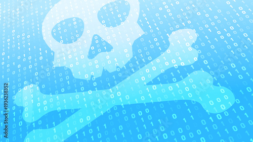 Abstract concept of cybercrime, hacking, and malware. A skull and crossbones symbol is overlaid on a background of streaming binary code. Digital danger concept.