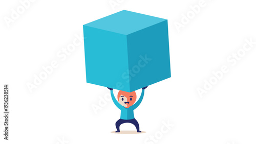 Cartoon character struggling to lift heavy blue cube, symbolizing effort, challenge, burden, and problem-solving concept.