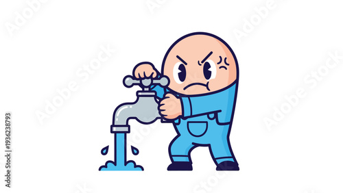 Frustrated cartoon character trying to turn off a running water tap, plumbing problem and water conservation concept