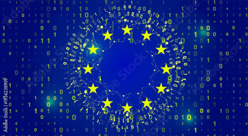 Concept of European Unions digital transformation. EU flag with a network plexus and binary code background representing technology and data.