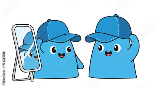 Cute blue blob character trying on a baseball cap, looking at reflection in mirror, happy cartoon