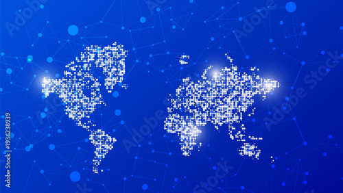 Abstract world map made of glowing white dots on a blue background. A plexus of connected nodes illustrates global networks, data, and technology.
