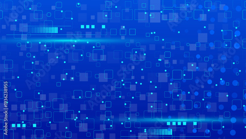 Abstract technology background with glowing blue geometric shapes. Digital concept with squares, circles, and light effects for science or business presentations.