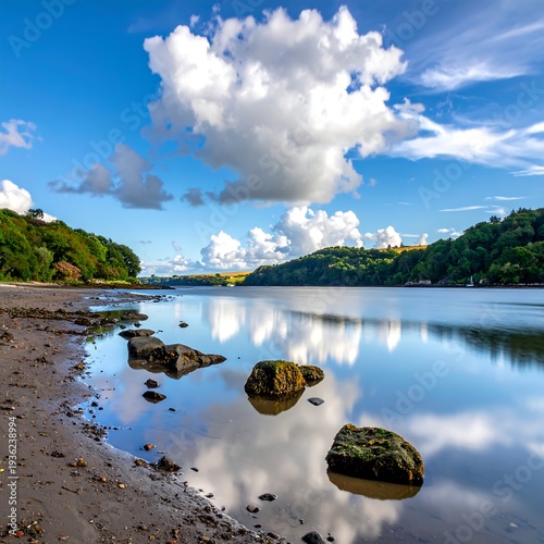 Wallpaper Mural Long exposure shot of a serene river reflecting a bright blue sky dotted with puffy white clouds, flanked by green hills Torontodigital.ca