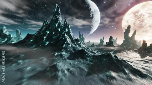 A vibrant alien planet with glowing fissures and swirling clouds orbits