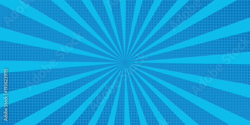 Pop art blue radial comics book cartoon magazine cover. Cartoon funny retro strip. Vector halftone illustration. Vintage backdrop for comic superhero text, speech bubble, message.