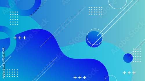 Serene abstract composition using blue and cyan liquid shapes with tech-inspired geometric accents and clean white graphic elements