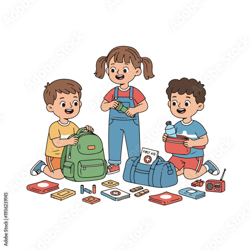 Three happy children collaboratively pack a green backpack and blue duffel bag with essential supplies like a first aid kit, water, and other items.