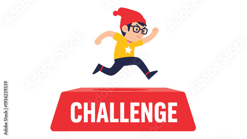 Cartoon boy jumping over a red 'CHALLENGE' block, symbolizing overcoming obstacles, success, and determination.