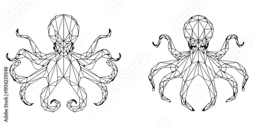 Detailed illustrations of octopuses showcasing their tentacles and anatomy from a front viewpoint.