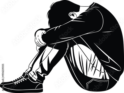 Depressed lonely man sitting on floor huddling knees feeling sad stressed and frustrated representing mental health problems grief and loneliness