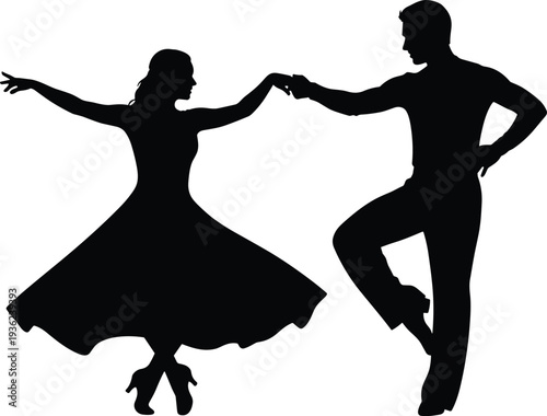 Elegant black silhouette of a man and woman performing a high energy ballroom dance routine isolated on a white background.