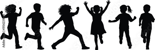 Group of happy children silhouettes running and jumping together in a row isolated on white background for play and education